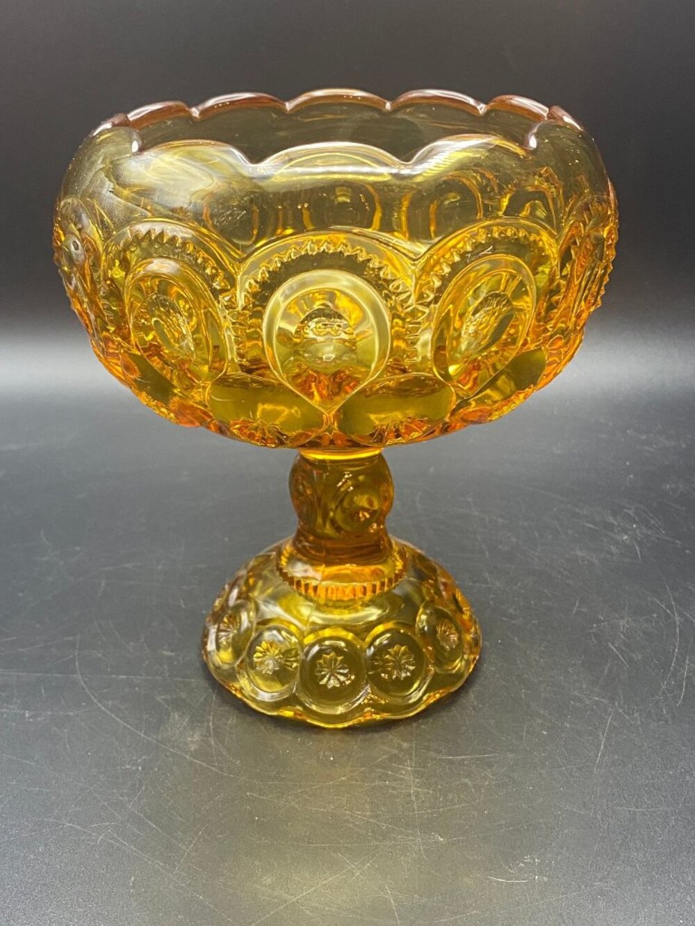 L.E. Smith Amber Pedestal Rolled  Edge Compote